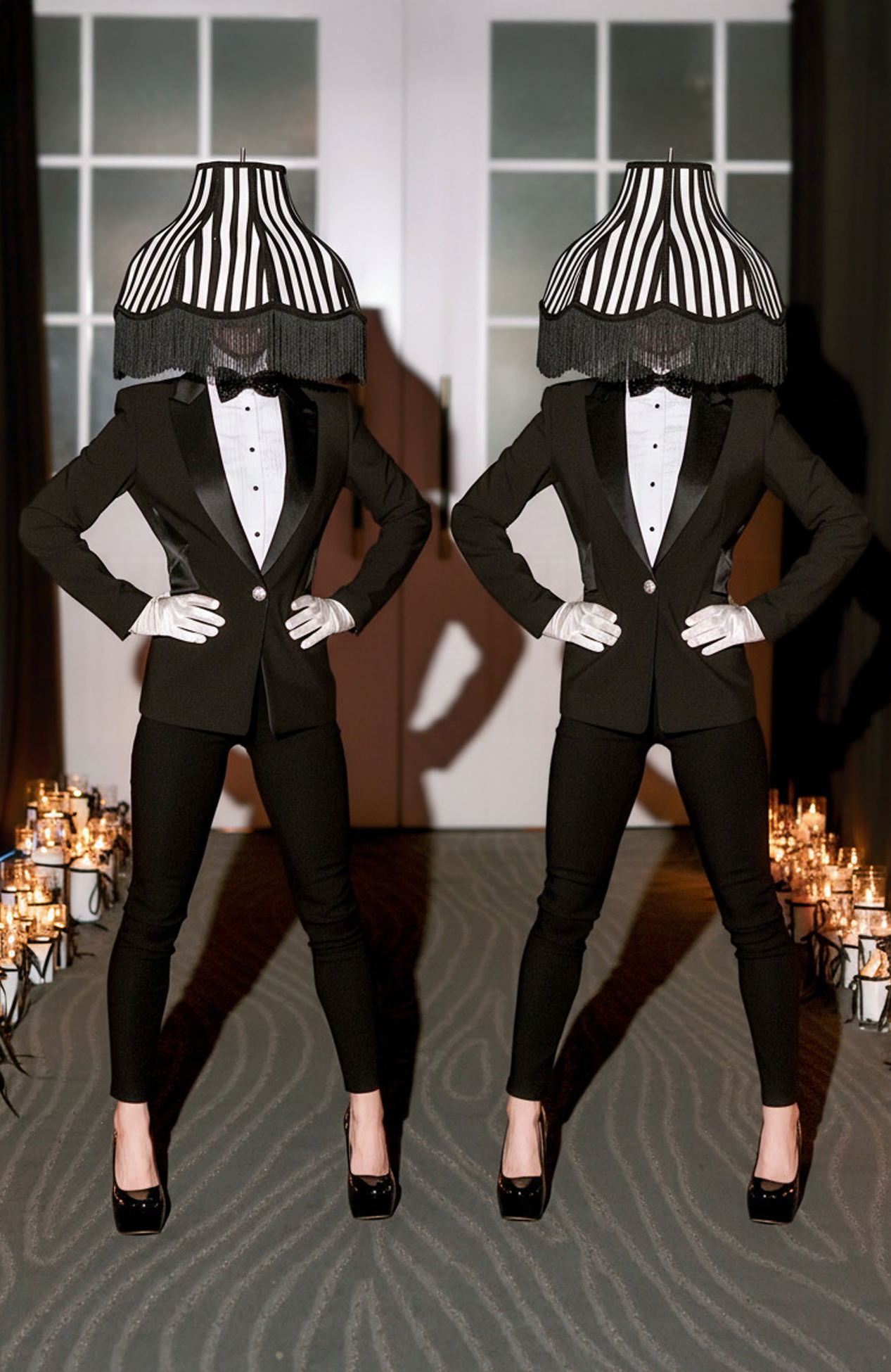 Black and white living lamps creating an entrance at a magazine event